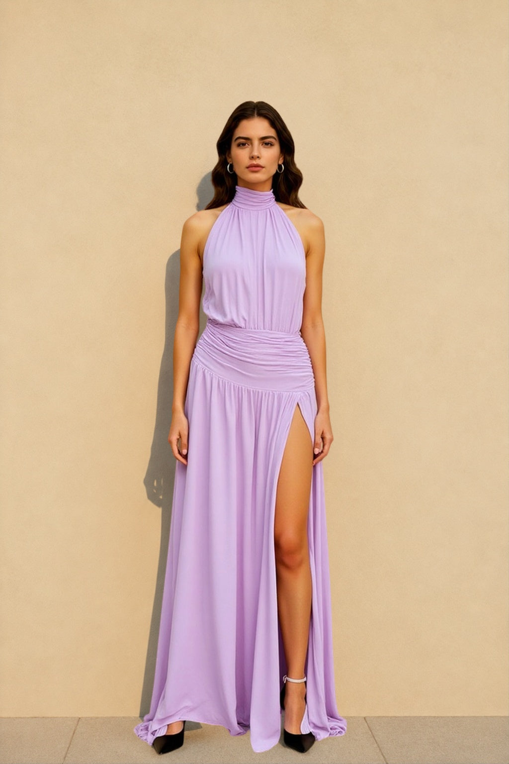 Solid Ruched Halter Backless Slit Formal Dress
