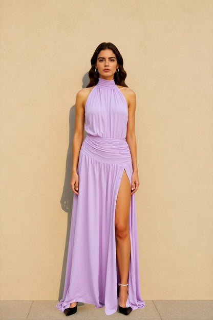 Solid Ruched Halter Backless Slit Formal Dress
