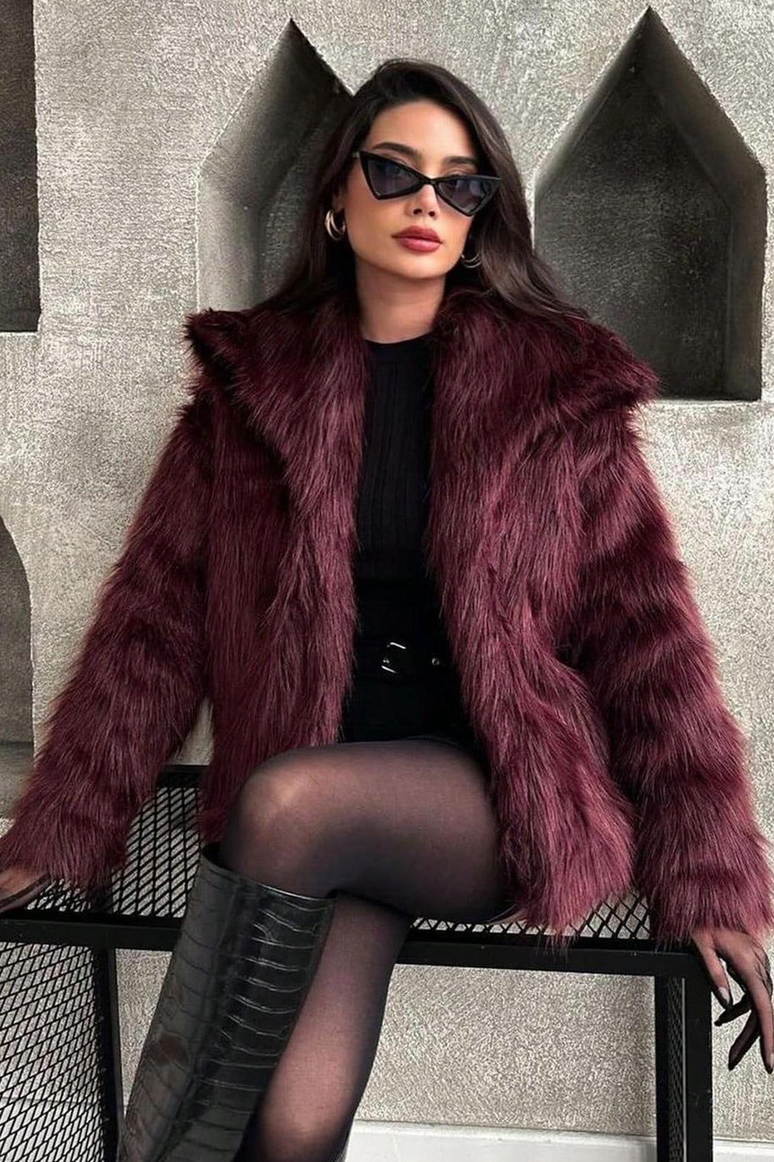 Abrigo de cuello con muesca, de piel sintética, cálido y de color liso