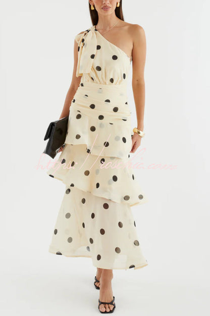 Fashionable Polka Dot Print One-shoulder Sleeveless Layered Mesh Maxi Dress