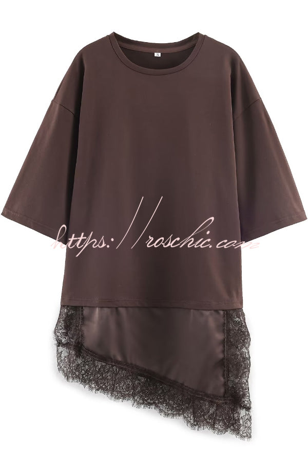 Stylish Round Neck Short-sleeved Patchwork Lace Hem Loose T-shirt