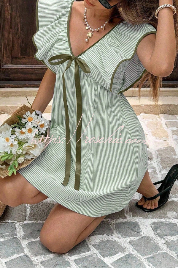 Striped Print Loose V-neck Tie Bow Casual Mini Dress