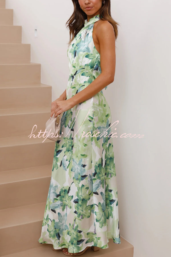 Floral Print Sleeveless Halter Neck Tie Holiday Maxi Dress