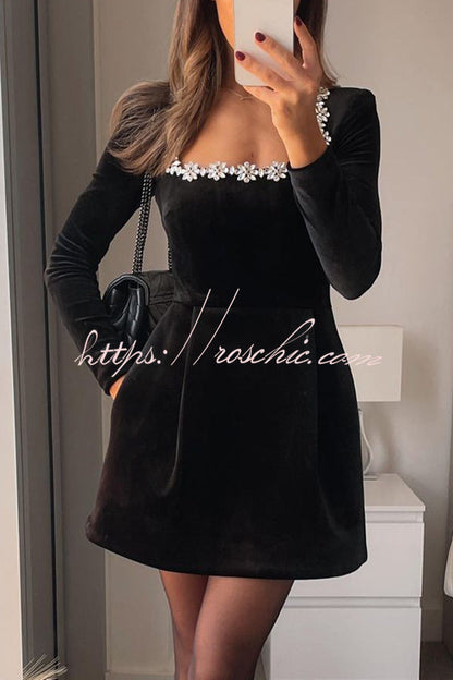 Endless Celebration Velvet Jewel Embellished Trim Long Sleeve Pocketed Mini Dress (Shipped Within 24 Hours)