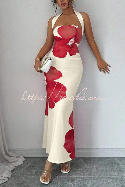 Floral Print Halter Neck Backless Slim-fit Maxi Dress