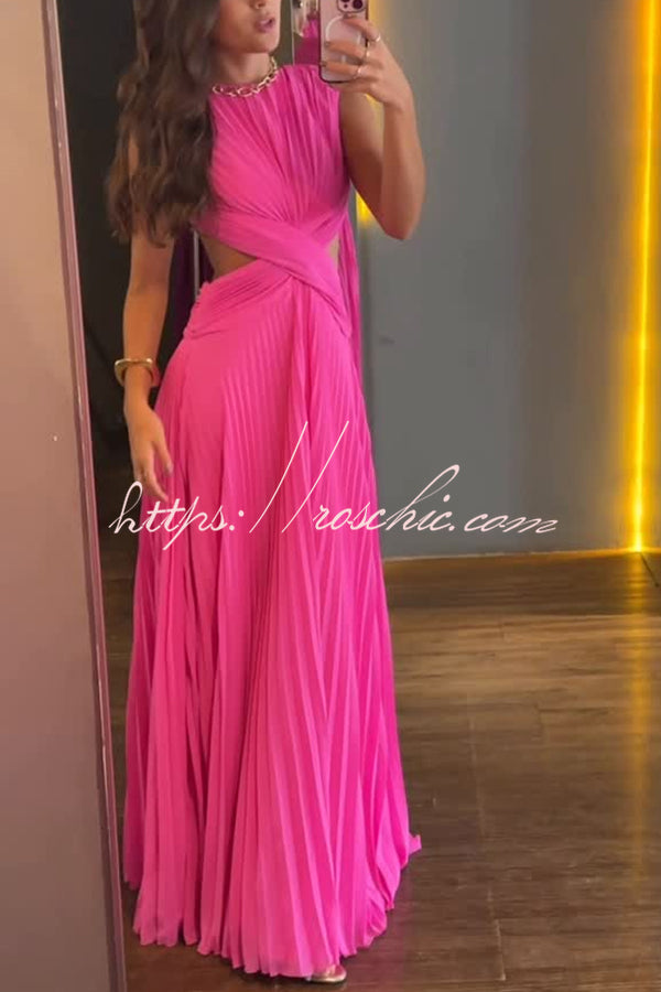 Tamia Pleated Chiffon Fabric Crossover Cutout Waist Open Back Maxi Dress