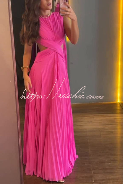 Tamia Pleated Chiffon Fabric Crossover Cutout Waist Open Back Maxi Dress
