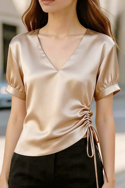 Solid Color Satin V-neck Short-sleeved Side Waist Ruching Casual Top