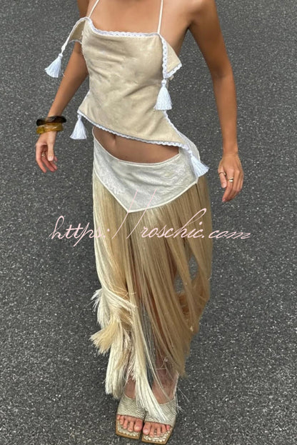 Stylish Halter Neck Lace Up Tassel Pendant Backless Top