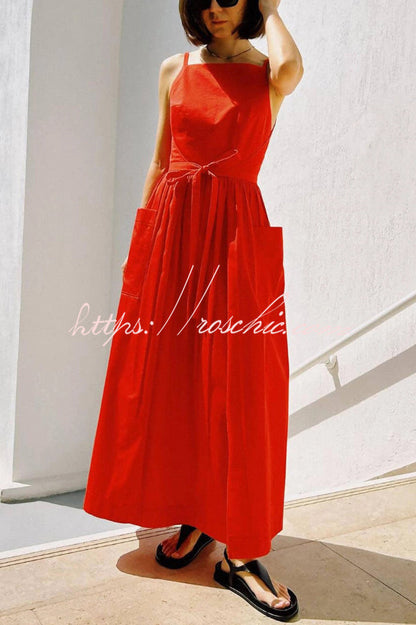 Solid Color Sleeveless Side Slit Tie-up Casual Vacation Pocket Maxi Dress