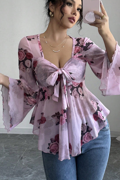 Blusa Manga Larga con Cuello Cuadrado, Diseño Floral Tie Dye y Lazos