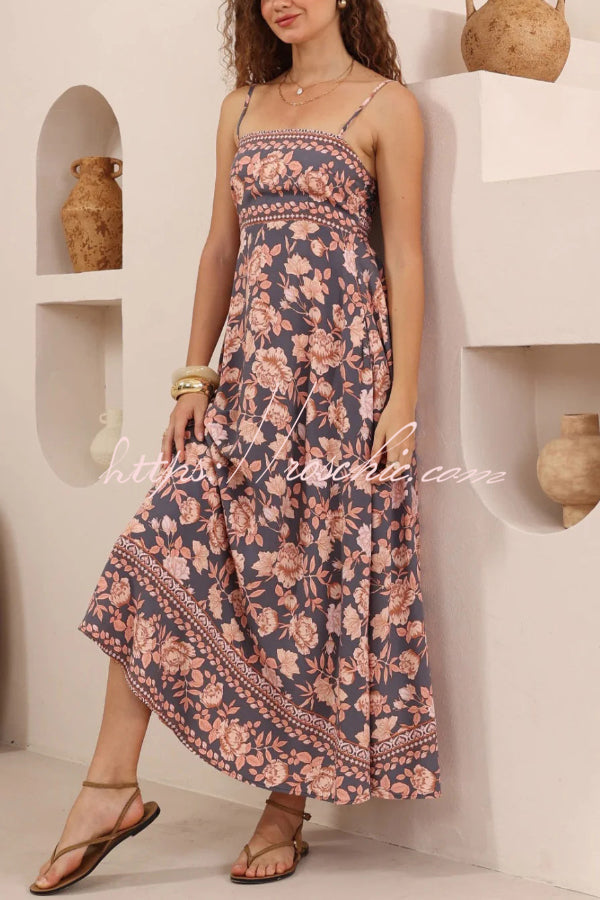 Floral Print Sleeveless Square Neck Backless Casual Vacation Maxi Dress