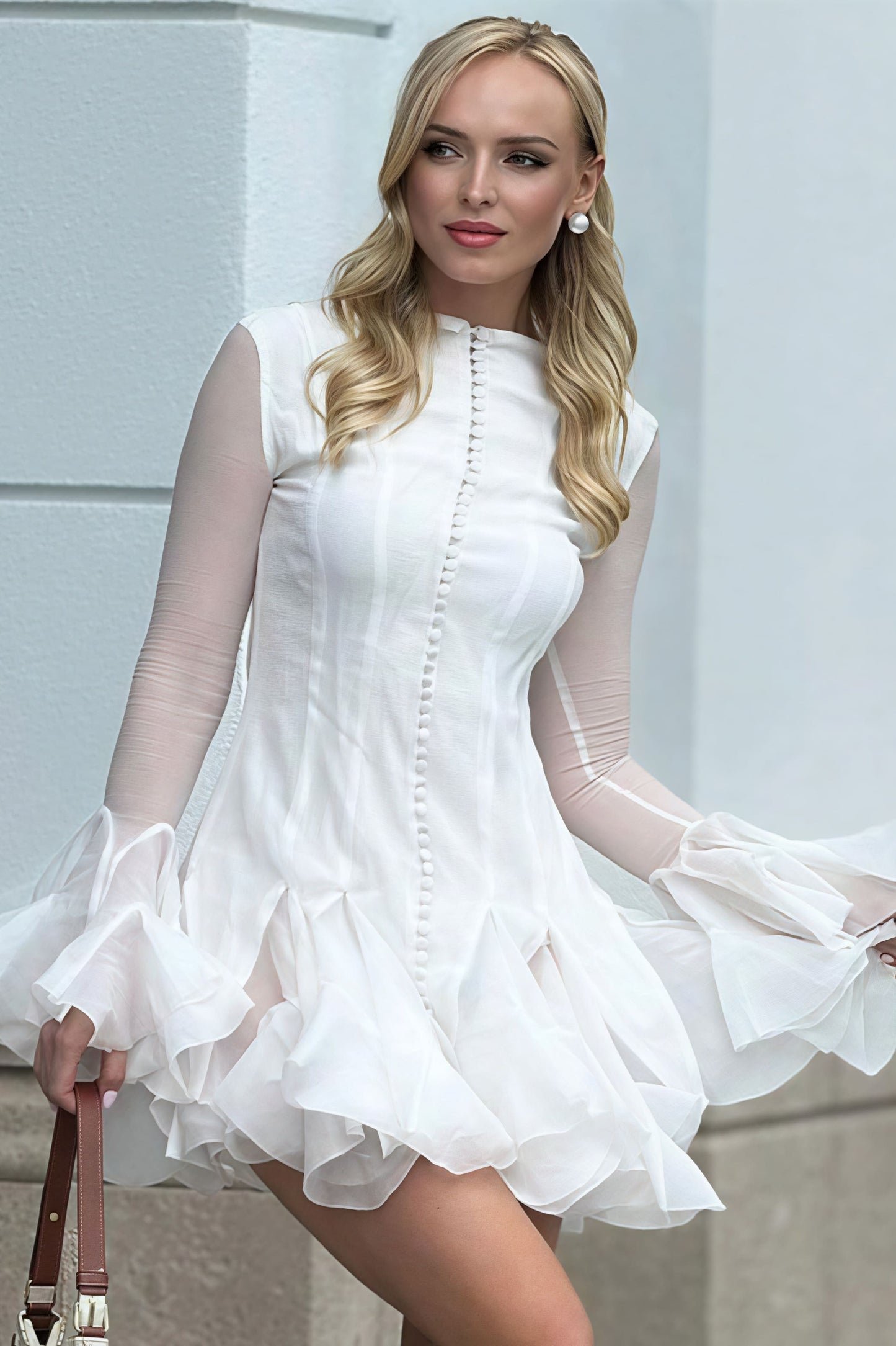 Minivestido Elegante con Volantes, Mangas Largas Abullonadas y Botones
