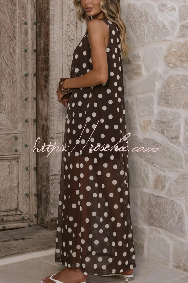 Polka Dot Print Loose Round Neck Sleeveless Mesh Casual Maxi Dress