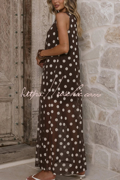 Polka Dot Print Loose Round Neck Sleeveless Mesh Casual Maxi Dress