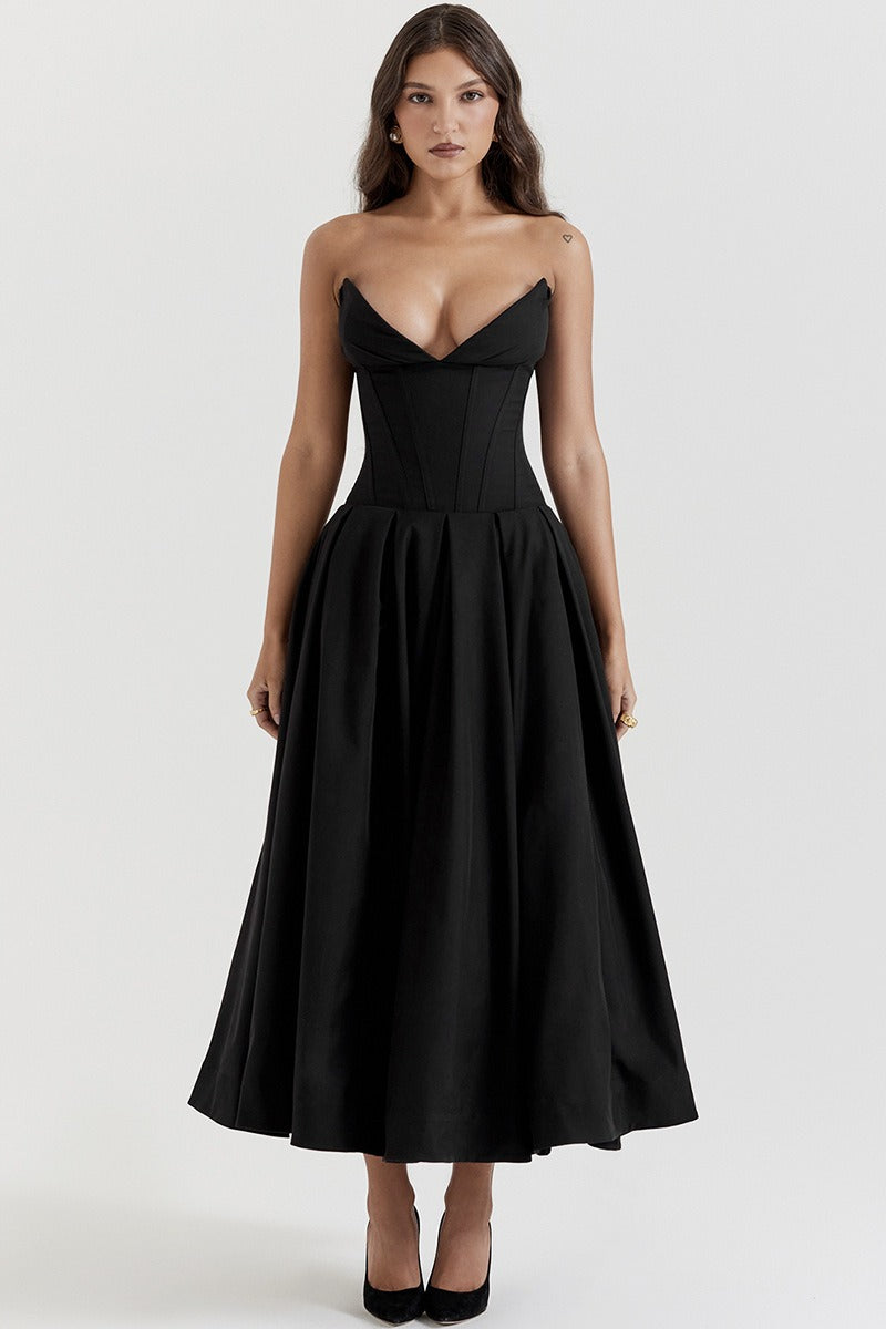 Vestido de fiesta con corsé sin tirantes y corte A