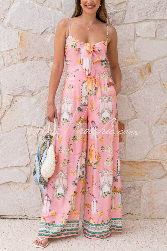 Unique Printed Sleeveless Spaghetti Strap Casual Vacation Loose Wide-Leg Jumpsuit