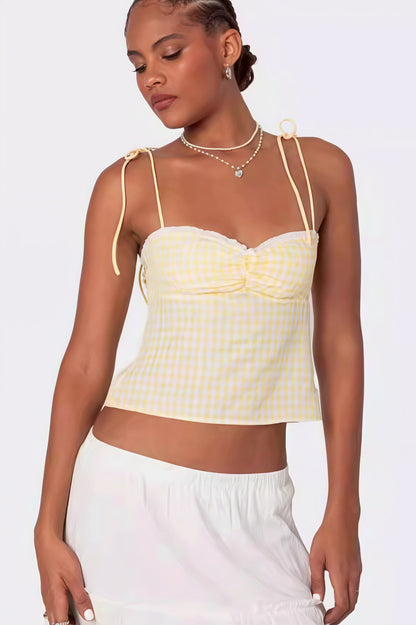 Top Cami a Cuadros con Ribete de Encaje y Espalda Atada