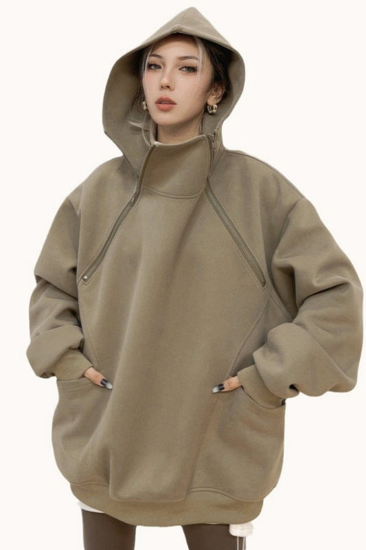 Oversized Hooded Sweatshirt with Side Zipper Hoodie