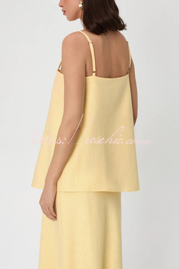 Linen Blend Loose Square Neck Camisole Top and Elegant Resort Maxi Skirt Set