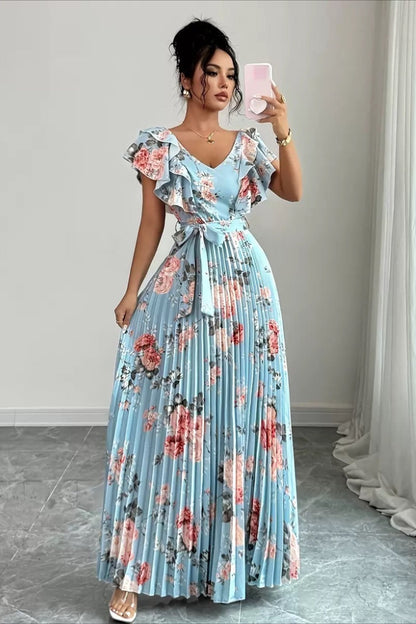 Vestido largo elegante plisado con cuello en V, estampado floral y manga con volantes