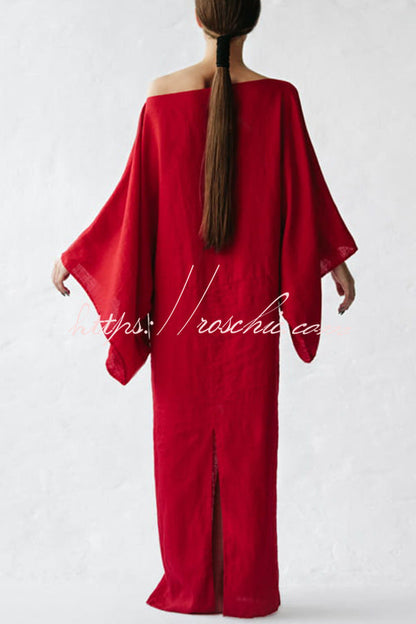 Stacie Linen Blend Wide Neck Batwing Sleeves Tie-up Waist H-line Maxi Dress
