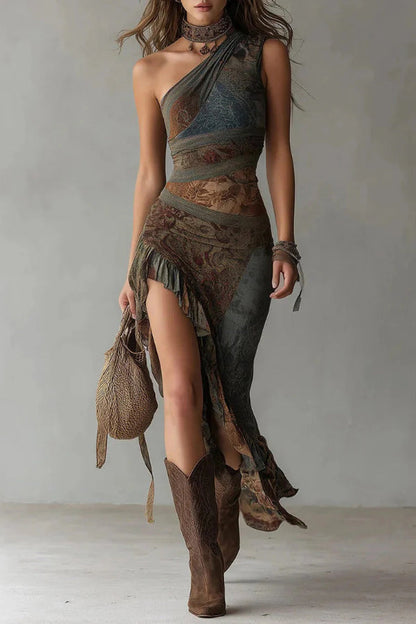 Unique Patchwork Print One-shoulder Sleeveless Fitted Asymmetrical Maxi Dress