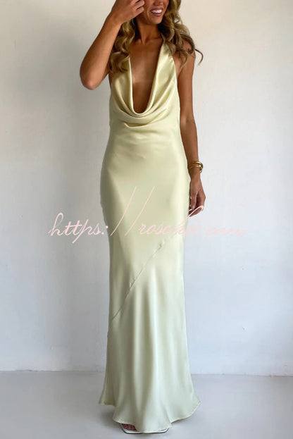 Solid Color Halter Neck Tie Backless Slim Fit Drape Maxi Dress