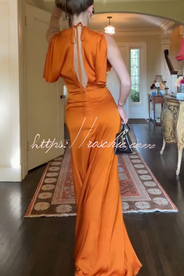 Isabella Satin Short Sleeve Ruched Waist V-shape Back Gown Maxi Dress