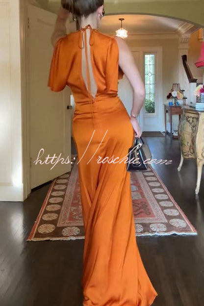 Isabella Satin Short Sleeve Ruched Waist V-shape Back Gown Maxi Dress