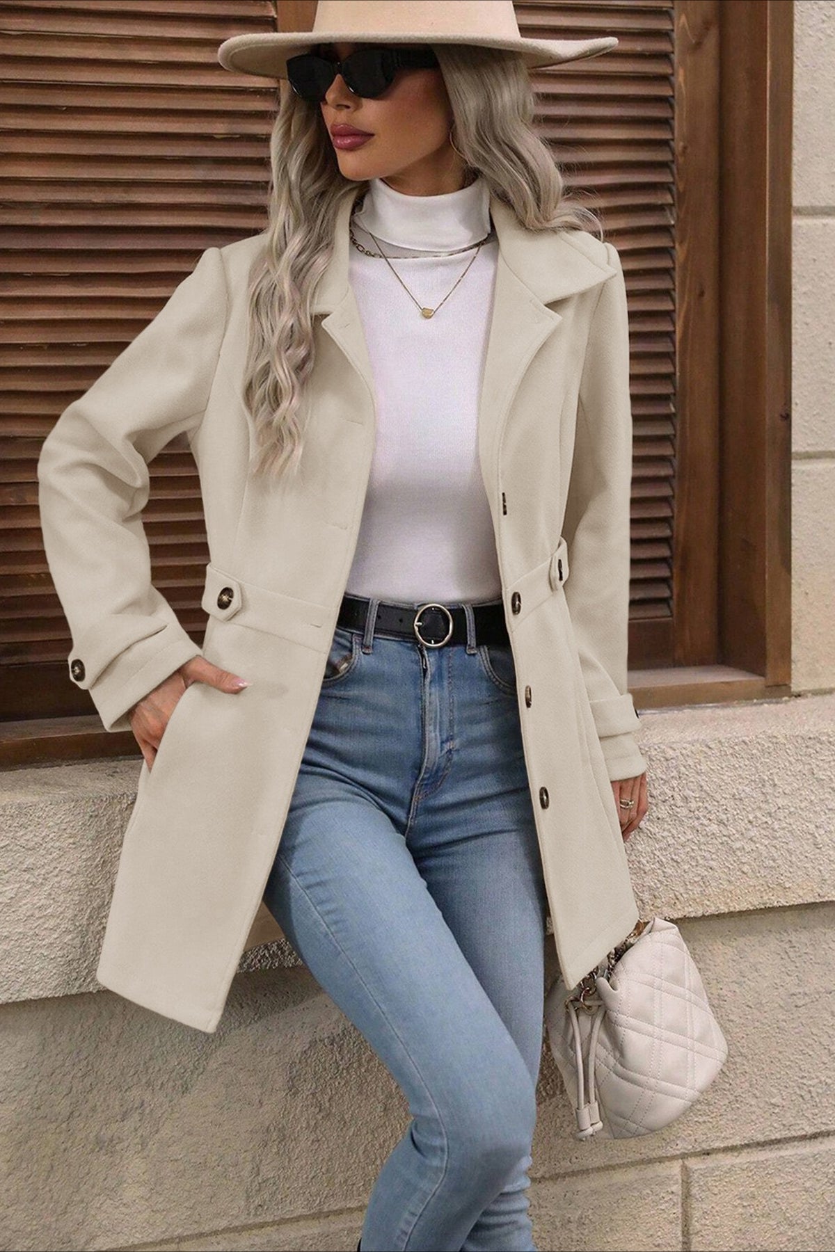 Midi Wool Blend Belted Notch Lapel Coat