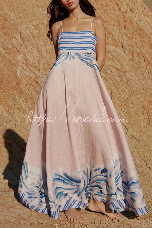 Unique Print Square Neck Spaghetti Strap Back Gathered Maxi Dress