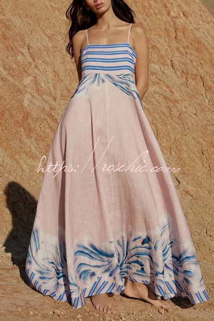 Unique Print Square Neck Spaghetti Strap Back Gathered Maxi Dress
