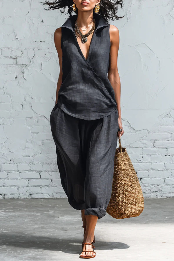 Linen Blend Collared Sleeveless Loose-fitting Top and Elastic Waist Pocket Casual Pants Set