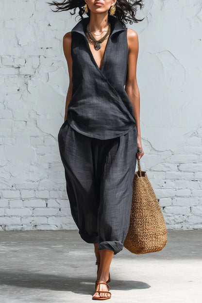 Linen Blend Collared Sleeveless Loose-fitting Top and Elastic Waist Pocket Casual Pants Set