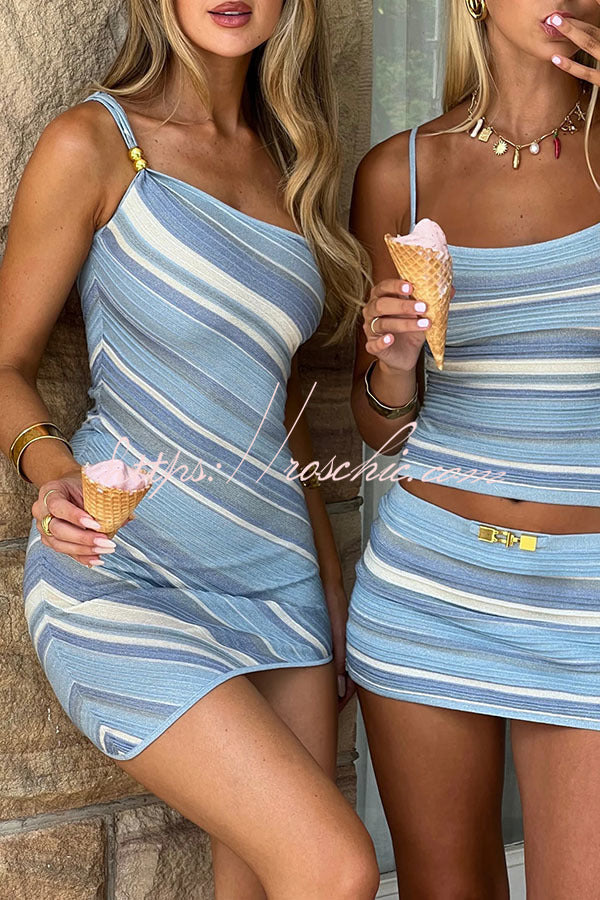 Hot Summer Girls Knit Striped Metal Beaded One Shoulder Stretch Mini Dress