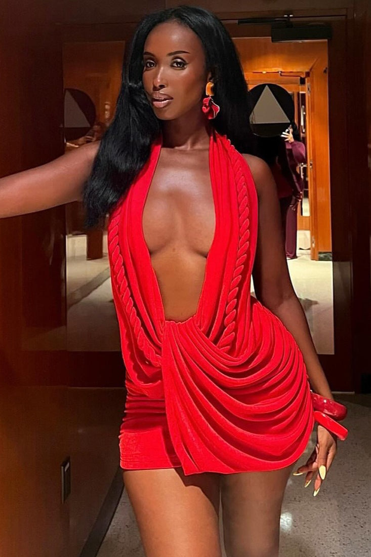 Minivestido bodycon sexy drapeado liso con escote halter pronunciado en la espalda