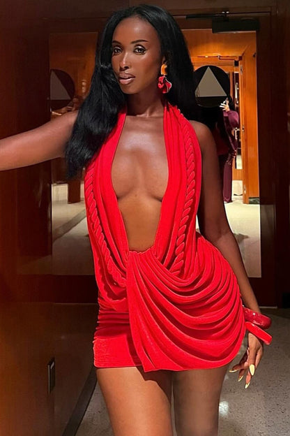 Minivestido bodycon sexy drapeado liso con escote halter pronunciado en la espalda