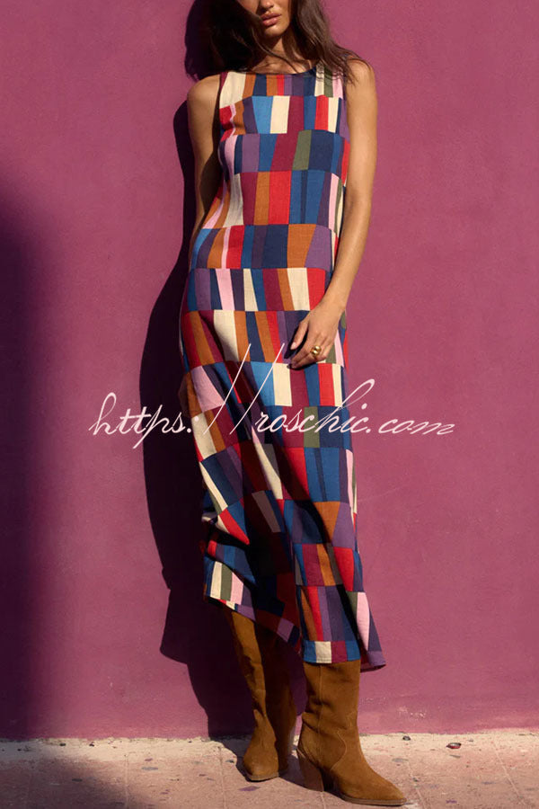 Retro Chic Linen Blend Colorful Color Block High Round Neck Sleeveless Maxi Dress