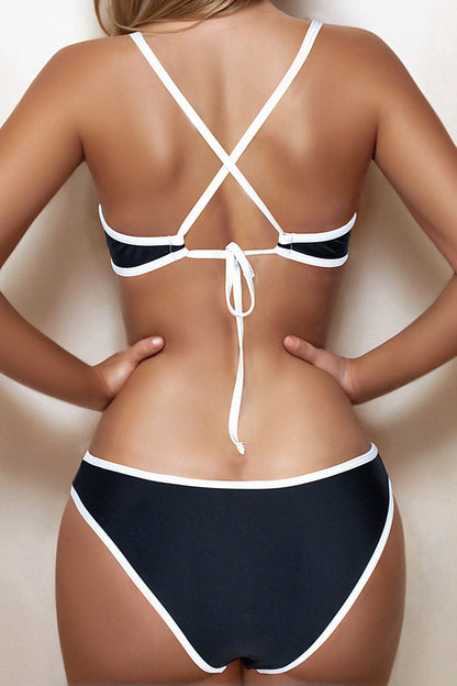 Conjunto de bikini de dos piezas con top triangular Colorblock y tirantes