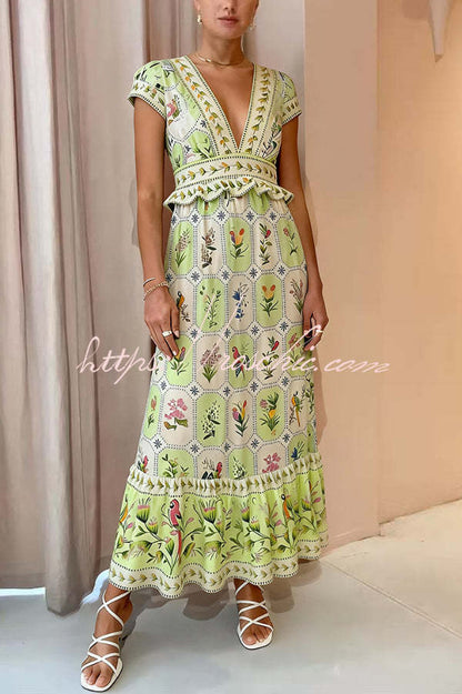 Botanical Floral Print V-neck Short-sleeved Backless Vacation Maxi Dress