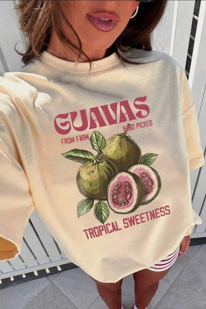 Camiseta Suelta Casual de Algodón con Estampado de Frutas