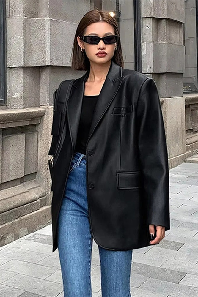 Black PU Leather Blazer Jacket