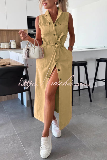 Solid Color Sleeveless Single Breasted Waist Tie Casual Pocket Denim Midi Dress