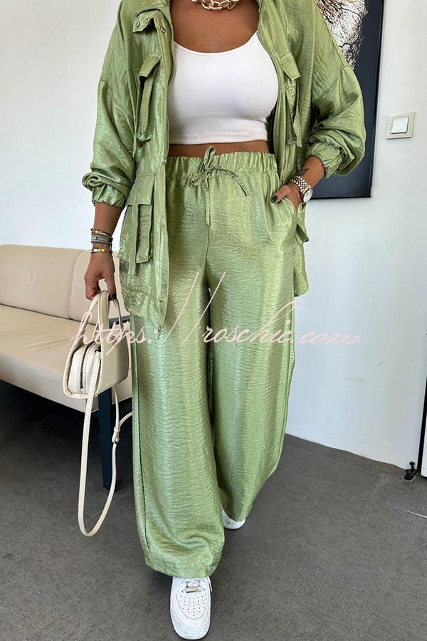 Easy on Me Metallic Fabric Elastic Waist Pocketed Wide Leg Pants (Shipped Within 24 Hours)