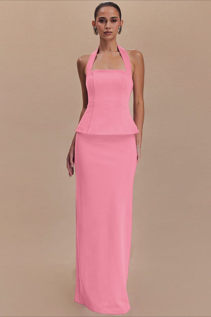 Vestido Formal Largo sin Espalda con Cuello Halter Liso