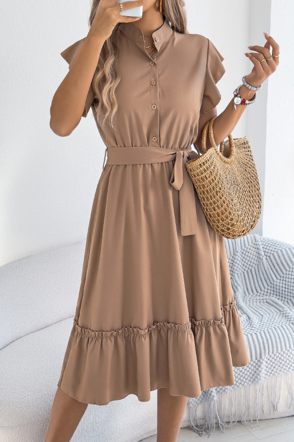 Solid Color Stand Collar Button Waist Tie Casual Midi Dress