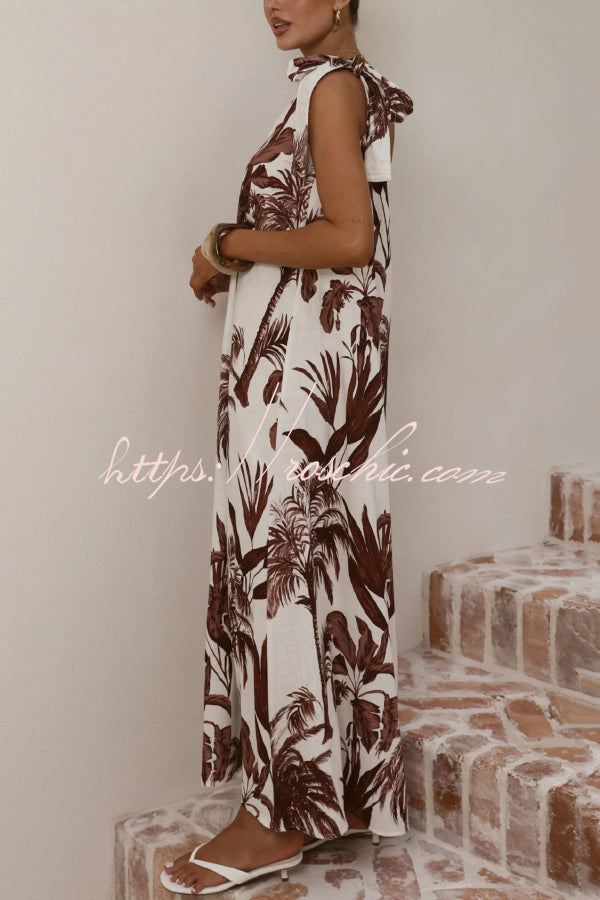 Botanical Print Sleeveless One-shoulder Casual Vacation Maxi Dress