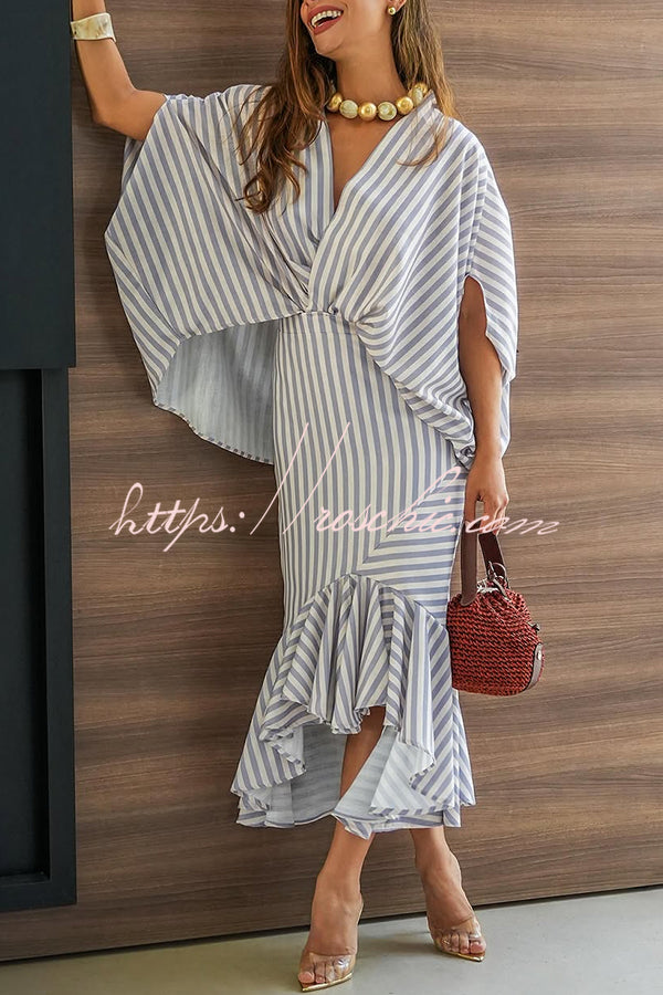 Tierra Striped V-neck Batwing Sleeve Loose Shirt and High Waist Irregular Fishtail Hem Midi Skirt Set