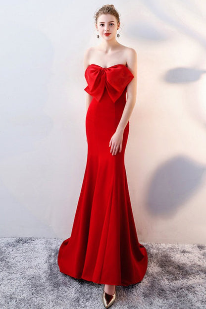 Vestido de Fiesta Largo de Sirena sin Tirantes con Lazo